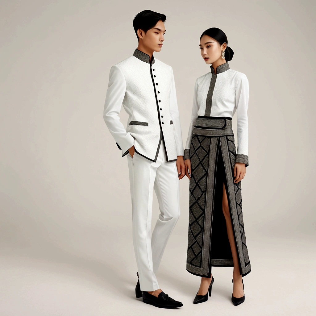 candid fashion illustration of young man and woman, both aged 20 year old, ((showcase fashion in a Northern Thai Lanna outfits all in whaite)), in elegant luxury style, The man wears a simple long-sleeved white shirt with minimal details, paired with white Tailor pants. black shoes, The woman complements him with white  tubular skirt that is handwoven and often features intricate patterns, ankle-length and is wrapped around the waist, and A fitted, often intricately decorated blouse that complements the skirt. Captured in a low angle, ((full-body image)), (full-body pose)), ((white studio background)), realistic color pencil lines, perfect drawing, charcoal lines, fading sketch, quick Sketch, soft light, 