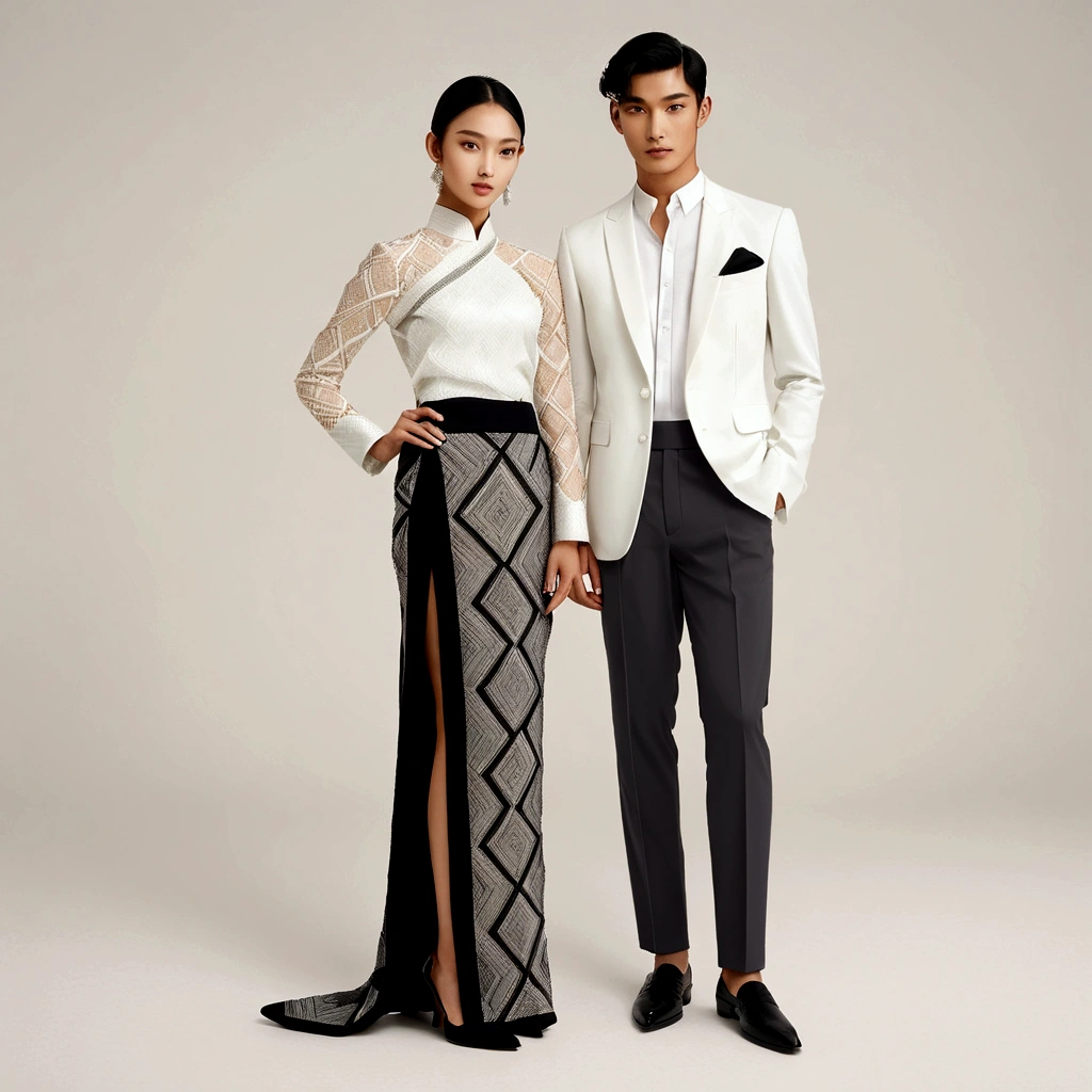 candid fashion illustration of young man and woman, both aged 20 year old, ((showcase fashion in a Northern Thai Lanna outfits all in whaite)), in elegant luxury style, The man wears a simple long-sleeved white shirt with minimal details, paired with white Tailor pants. black shoes, The woman complements him with white  tubular skirt that is handwoven and often features intricate patterns, ankle-length and is wrapped around the waist, and A fitted, often intricately decorated blouse that complements the skirt. Captured in a low angle, ((full-body image)), (full-body pose)), ((white studio background)), realistic color pencil lines, perfect drawing, charcoal lines, fading sketch, quick Sketch, soft light, 