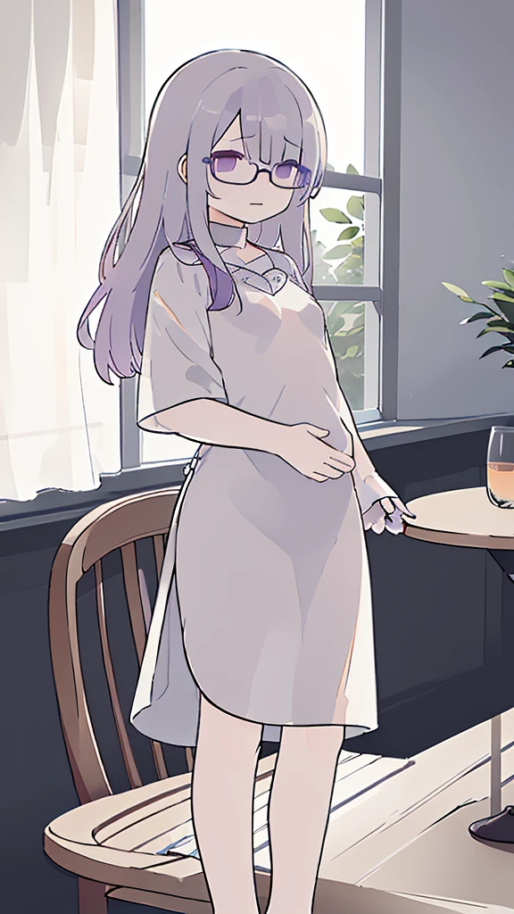 (flat:1.5),(cafe, window, sunlight, table, chair, sedentary:1.5) (BIG ASS, thick thighs:0.7), (warm light source:1.2), intricate details, volumetric lighting, Realism BREAK(masterpiece:1.2), (top quality), 4K, ultra detail, (Dynamic configuration:1.4), Very detailed and colorful details,(rainbow colors:1.2), (shining lights, atmospheric lighting), dreamy, magical, (alone:1.2), intricate details, cheeky expression, (big bust:1.5), (Black eyes with a slight purple tint:1.5), (a devastated expression, dead eyes, dark atmosphere:1.5), (Very white and long hair with a bluish tint, weak perm:1.5), (oversized shirt:1.5), (white clothes without any decoration, White clothes long enough to cover the buttocks, very baggy clothes, clothes that reach down to the thighs, bare foot, round-rimmed glasses:1.5), (chubby:1.1), (quiet eyes, no passion:1.5),(human ear,thin legs:1.5),(chair에 sedentary, diagonal shot:1.5)