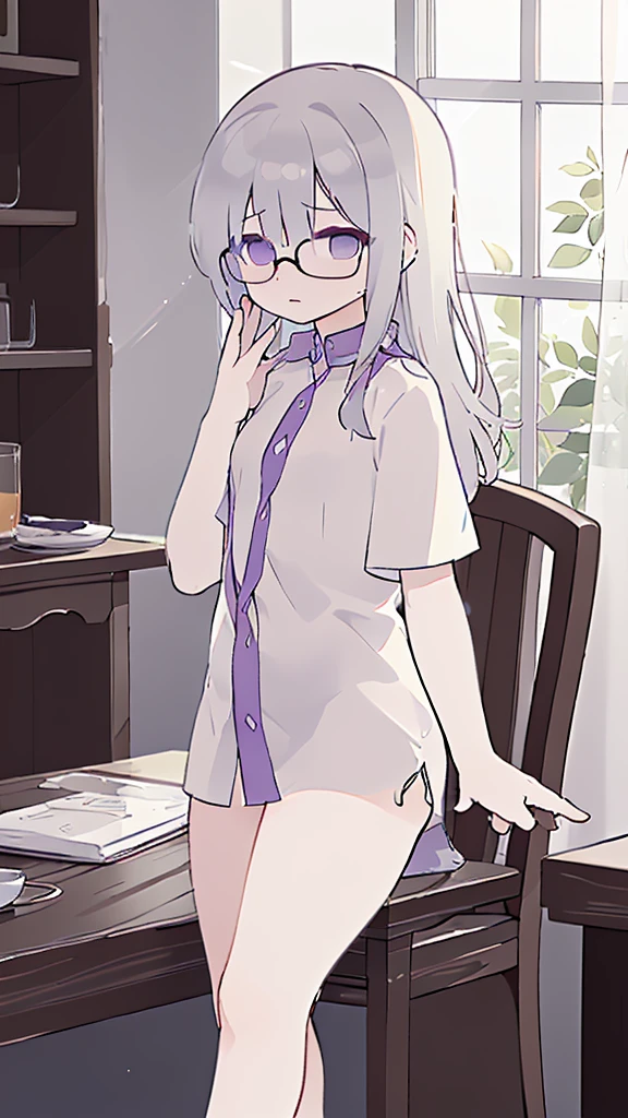 (flat:1.5),(cafe, window, sunlight, table, chair, sedentary:1.5) (BIG ASS, thick thighs:0.7), (warm light source:1.2), intricate details, volumetric lighting, Realism BREAK(masterpiece:1.2), (top quality), 4K, ultra detail, (Dynamic configuration:1.4), Very detailed and colorful details,(rainbow colors:1.2), (shining lights, atmospheric lighting), dreamy, magical, (alone:1.2), intricate details, cheeky expression, (big bust:1.5), (Black eyes with a slight purple tint:1.5), (a devastated expression, dead eyes, dark atmosphere:1.5), (Very white and long hair with a bluish tint, weak perm:1.5), (oversized shirt:1.5), (white clothes without any decoration, White clothes long enough to cover the buttocks, very baggy clothes, clothes that reach down to the thighs, bare foot, round-rimmed glasses:1.5), (chubby:1.1), (quiet eyes, no passion:1.5),(human ear,thin legs:1.5),(chair에 sedentary, diagonal shot:1.5)