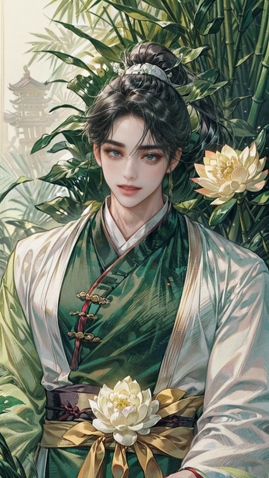 (((best quality))),masterpiece,ultra high resolution,extraordinarily beautiful youth, a bright, innocent smile,All green clothing,((boy 24 year old, green hanfu,green clothing, Chinese shirt style)) ,boy character ,((Thick black long hair)),beautiful face,detailed interior, detailed boy,((man)),(in bamboo forest), house China style, pure white lotus,beautiful and cute boy ,black eyes,((solo man)),(he has a Big eyes, charming lips, slim nose and small face),(slim figures ),ponytail and 冠, Hiogi fan,Japanese fan 