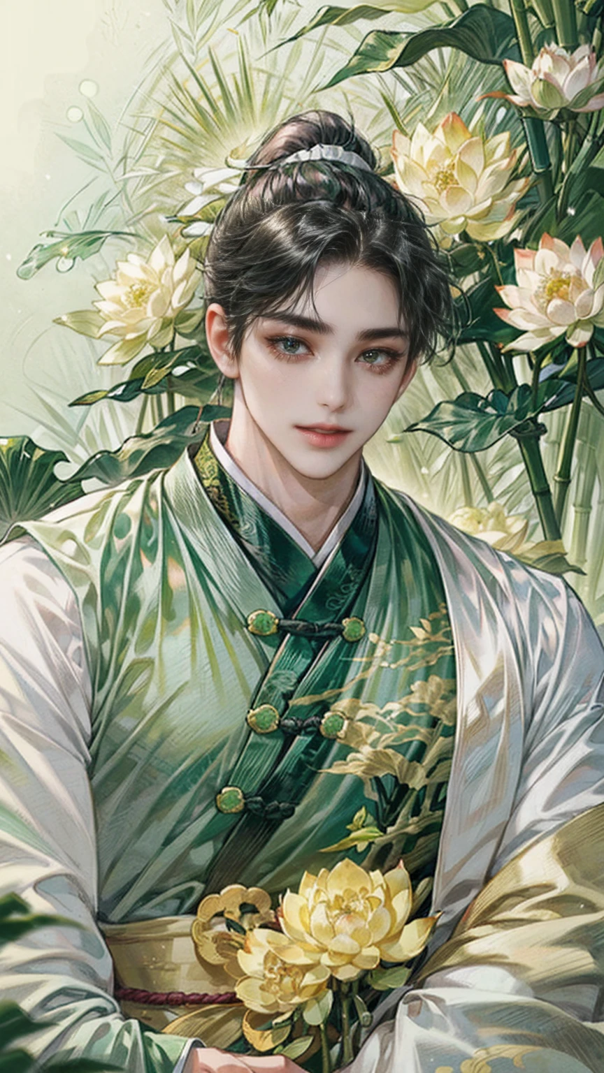 (((best quality))),masterpiece,ultra high resolution,extraordinarily beautiful youth, a bright, innocent smile,All green clothing,((boy 24 year old, green hanfu,green clothing, Chinese shirt style)) ,boy character ,((Thick black long hair)),beautiful face,detailed interior, detailed boy,((man)),(in bamboo forest), house China style, pure white lotus,beautiful and cute boy ,black eyes,((solo man)),(he has a Big eyes, charming lips, slim nose and small face),(slim figures ),ponytail and 冠, Hiogi fan,Japanese fan 