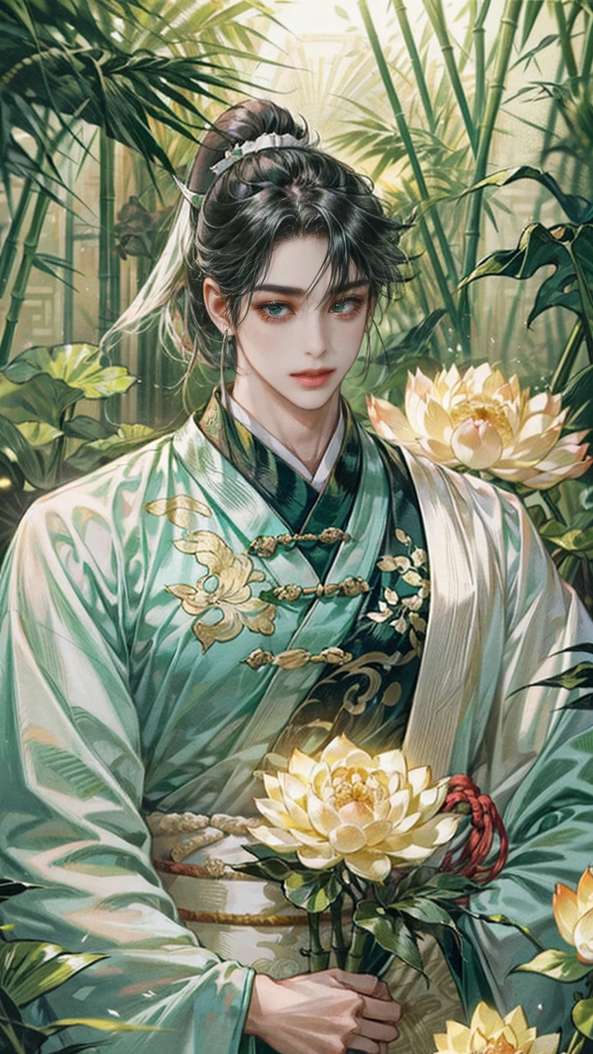 (((best quality))),masterpiece,ultra high resolution,extraordinarily beautiful youth, a bright, innocent smile,All green clothing,((boy 24 year old, green hanfu,green clothing, Chinese shirt style)) ,boy character ,((Thick black long hair)),beautiful face,detailed interior, detailed boy,((man)),(in bamboo forest), house China style, pure white lotus,beautiful and cute boy ,black eyes,((solo man)),(he has a Big eyes, charming lips, slim nose and small face),(slim figures ),ponytail and 冠, Hiogi fan,Japanese fan 