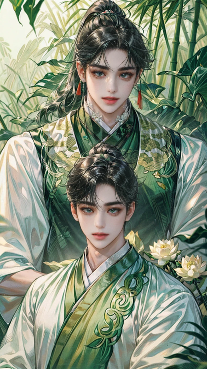 (((best quality))),masterpiece,ultra high resolution,extraordinarily beautiful youth, a bright, innocent smile,All green clothing,((boy 24 year old, green hanfu,green clothing, Chinese shirt style)) ,boy character ,((Thick black long hair)),beautiful face,detailed interior, detailed boy,((man)),(in bamboo forest), house China style, pure white lotus,beautiful and cute boy ,black eyes,((solo man)),(he has a Big eyes, charming lips, slim nose and small face),(slim figures ),ponytail and 冠, Hiogi fan,Japanese fan 