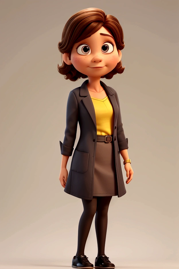 A photo of Ligia Travensolo, a Disney Pixar 3d style character, based on the movie Inside Out, she is short, is around 40 years old, is a french teacher, has light skin and shoulder-length dark brown hair, and brown eyes. She is wearing a black blazer, over a mustard yellow top, paired with a grey skirt and black tights and low heel black shoes. Looking at the camera, simple gray background.