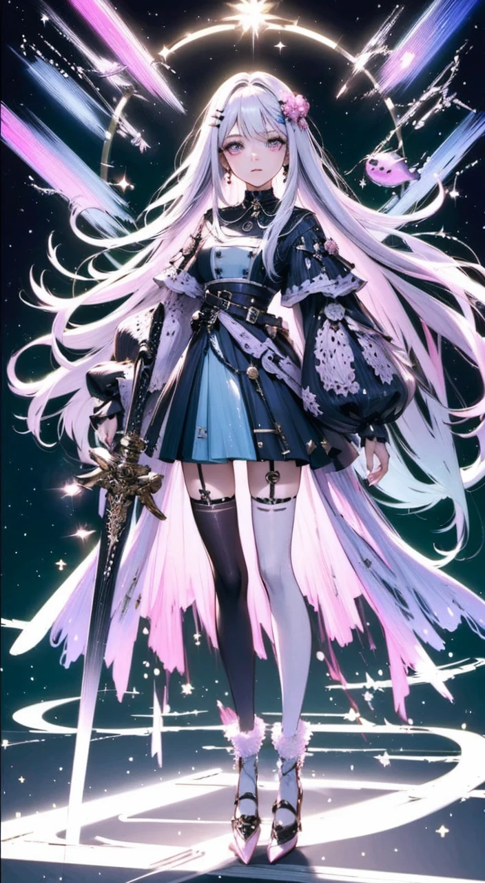 mirrornun, more prism, vibrant color,
silver
hair, shiny clothes, Detailed pink eyes, pink dress,
blue corset, futuristic weapon, shiny blue sword,
white jellyfish hair ornament, two different sized
socks, high heels, full body, Futuristic, very Detailed, (Face Detail Optimization: 1.5) (Masterpiece), (Advanced: 1.5), Top CG, Highest Quality, Right Proportions, Perfect Composition, High Quality Detail, Perfect Detail, (Super Detailed CG: 1.2), (8K: 1.2), Realistic, Octane Rendering,