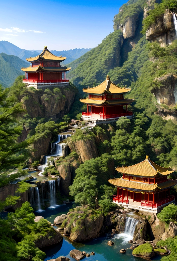a landscape high rocks and a waterfall in the centre, at the bottom is a traditional Chinese house and its ornaments. clear sky. high quality, very detailed. 8K ultra hd