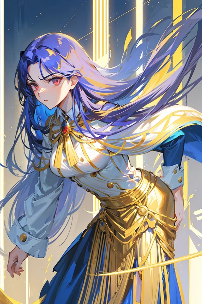 a tall woman, with long hair that mixes golden and blue tones. His face is incredibly beautiful, with fine features and red eyes that attract attention. She wears general's clothes, predominantly black and red, that highlight your elegance and authority. Her slender body is complemented by medium sized breasts and a big ass, creating a harmonious and attractive silhouette.
in the face, a scar adds a touch of toughness to your beauty, without compromising your charming appearance. Her elegance is evident in both her facial and bodily beauty.. She is charismatic and exudes a presence that captivates everyone around her..
Your clothing, her clothes are the same as the character Esdeath from Akame Ga kill, but her default placement is red and black