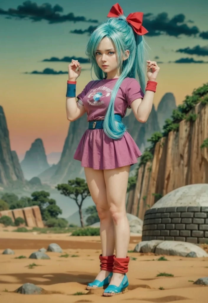 Bulma, blue eyes, highly detailed, incredibly realistic, perfect face and body, spiked hair, determined expression, dynamic pose, photorealistic, 8k, hyperrealistic, cinematic lighting, dramatic shadows, vibrant colors, masterpiece.