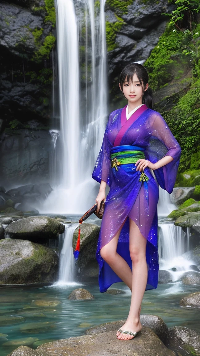 最high quality、high quality、Best image quality、8K、最High resolution、High resolution、最high quality、masterpiece、RAW Photos、whole body写真、Detailed and realistic human body、Detailed and realistic skin、Realistic face in every detail、Realistic reproduction of every detail、Detailed and realistic lips、Detailed and realistic teeth、Detailed and realistic ears、Detailed and realistic hair、Detailed and realistic weapons、Realistic reproduction of every detail、Realistic fingers in every detail、(Beautiful Hands、thumb1reference4)、Realistic feet down to the last detail、Realistic feet down to the last detail、Realistic breasts down to the last detail、((Beautiful Japanese Girl))、(Japanese Model), (Japanese women)、((18 year old beautiful girl))、(Black Hair)、(Straight hair)、(ponytail)、((whole body))、((Beautiful upturned breasts))、(Stylish slim style)、(whole body光沢肌、Fair skin)、Detailed and realistic human body、Detailed and realistic skin、Realistic face in every detail、Detailed and realistic weapons、Realistic fingers in every detail、Detailed realistic feet、Realistic breasts down to the last detail、Soft natural light、Jungle with waterfall、Waterfalls of different heights、Big waterfall、A powerful waterfall、((Sit on a rock in front of the waterfall(バックにBig waterfallが見える))、((Wet and see-through(Colorful Dresses))、((Bathing in the waterfall(Soaked skin from head to toe))、((Water dripping from the skin))、((Colorful Dressesが濡れて肌に張り付く))、((Colorful Dressesの上からでも体のラインがはっきりわかります))、((Colorful Dressesから滴る水))、Angle from below