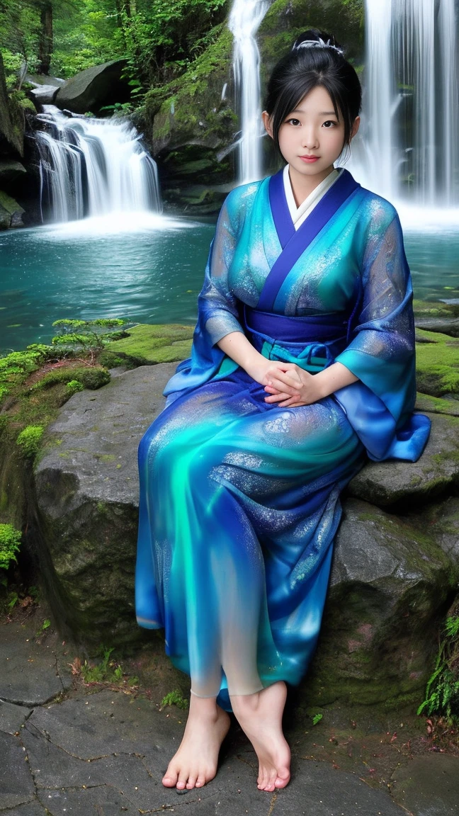 最high quality、high quality、Best image quality、8K、最High resolution、High resolution、最high quality、masterpiece、RAW Photos、whole body写真、Detailed and realistic human body、Detailed and realistic skin、Realistic face in every detail、Realistic reproduction of every detail、Detailed and realistic lips、Detailed and realistic teeth、Detailed and realistic ears、Detailed and realistic hair、Detailed and realistic weapons、Realistic reproduction of every detail、Realistic fingers in every detail、(Beautiful Hands、thumb1reference4)、Realistic feet down to the last detail、Realistic feet down to the last detail、Realistic breasts down to the last detail、((Beautiful Japanese Girl))、(Japanese Model), (Japanese women)、((18 year old beautiful girl))、(Black Hair)、(Straight hair)、(ponytail)、((whole body))、((Beautiful upturned breasts))、(Stylish slim style)、(whole body光沢肌、Fair skin)、Detailed and realistic human body、Detailed and realistic skin、Realistic face in every detail、Detailed and realistic weapons、Realistic fingers in every detail、Detailed realistic feet、Realistic breasts down to the last detail、Soft natural light、Jungle with waterfall、Waterfalls of different heights、Big waterfall、A powerful waterfall、((Sit on a rock in front of the waterfall(バックにBig waterfallが見える))、((Wet and see-through(Colorful Dresses))、((Bathing in the waterfall(Soaked skin from head to toe))、((Water dripping from the skin))、((Colorful Dressesが濡れて肌に張り付く))、((Colorful Dressesの上からでも体のラインがはっきりわかります))、((Colorful Dressesから滴る水))、Angle from below
