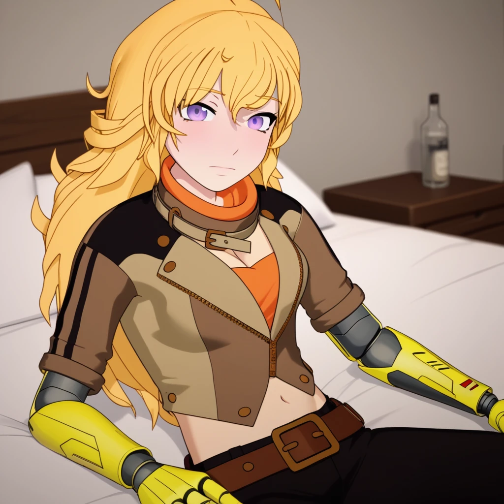 score_9, score_8_up, score_7_up, source_anime, yang xiao long, long hair, blonde hair, purple eyes, ahoge, bangs,, cleavage, jacket, belt, mechanical arms, single mechanical arm, prosthesis, prosthetic arm,, indoors, bed, bed room, on side, blush, drunk, looking at viewer, solo, cowboy shot, dutch angle