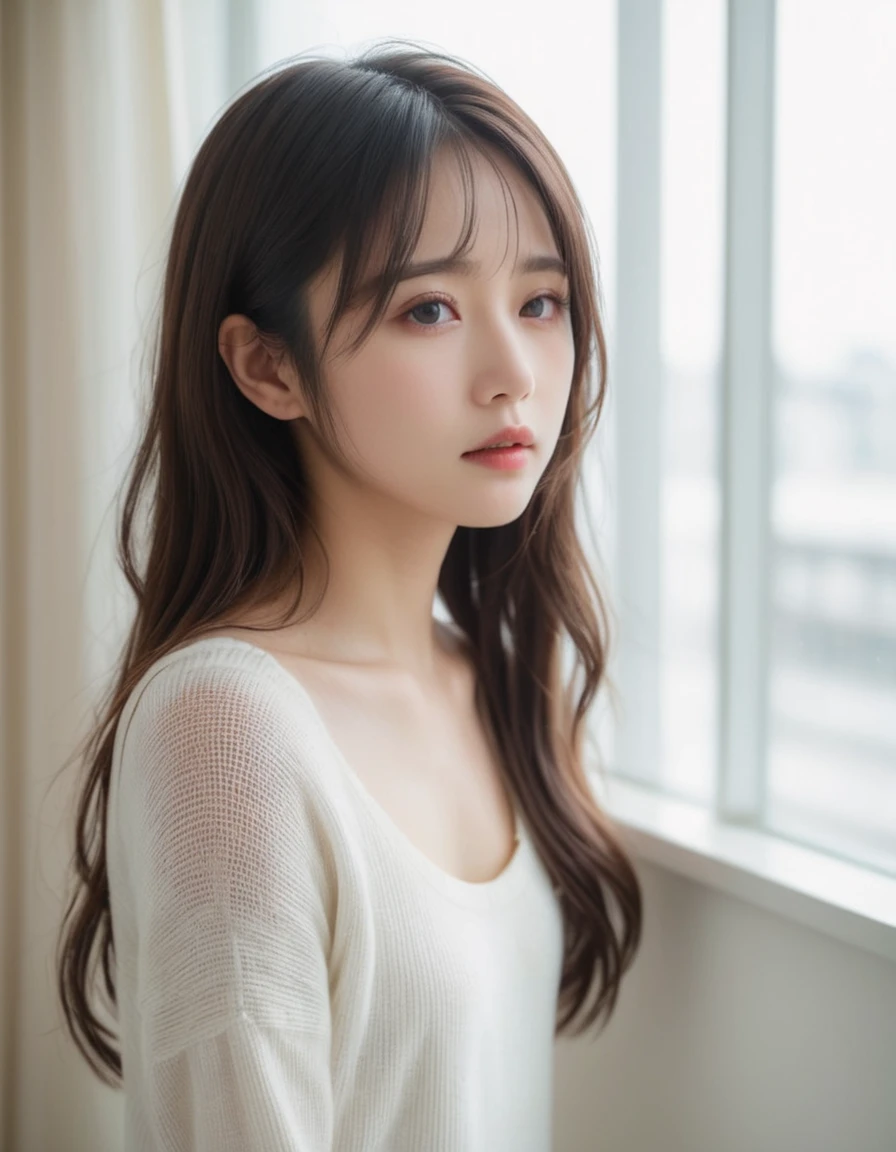 Japanese women, (close:2), (Natural light),Wavy Hair, amount, (Dark brown eyes),(From the side), (Downward eyes),Pouting,
(White sweater),(Dynamic pose)
(See-through curtains, Bright room)