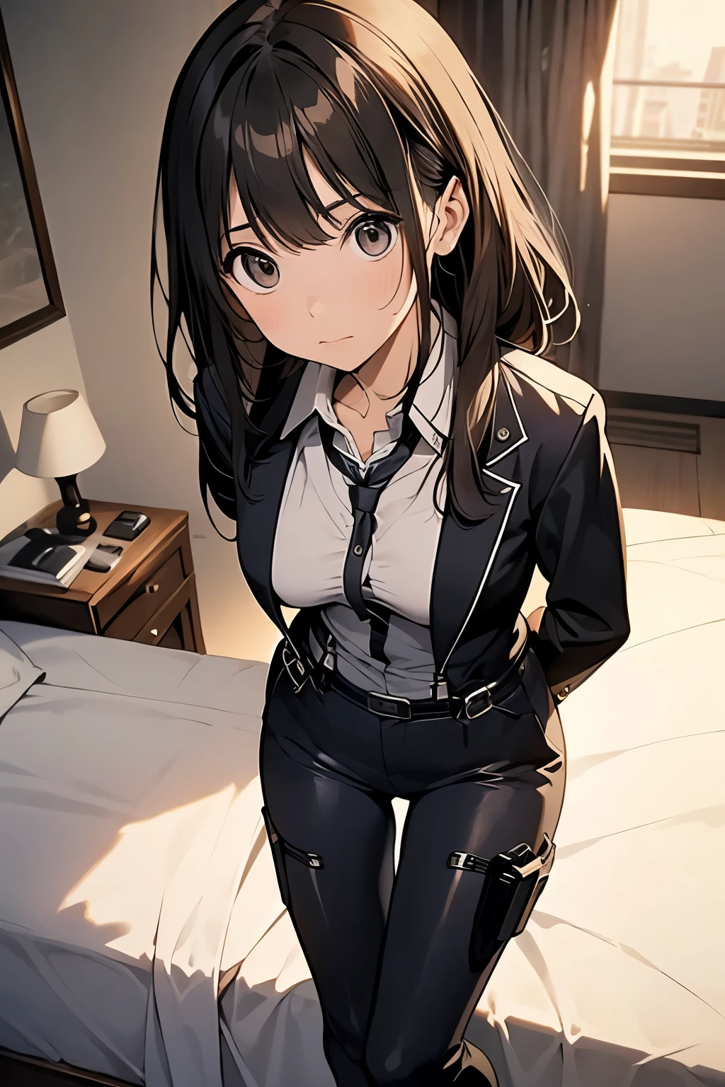 1 female, , high quality, masterpiece, Ultra-high resolution, , Cinema Lighting, , , And the suspenders with the cranes flying　　　Moderate breasts　 　 　　　　Small face　 　　　holster　　　　　　　 Lying in bed　Looking up　　　　Sweat 　　　belt　summer　脇Sweat 　Black Hole Gloves　suit　shirt　　Black jacket　 Black trousers　Leg Links　ズボンにbelt　　holster　 　　Hands behind your back　 Anxious expression　Looking up　Anxious face