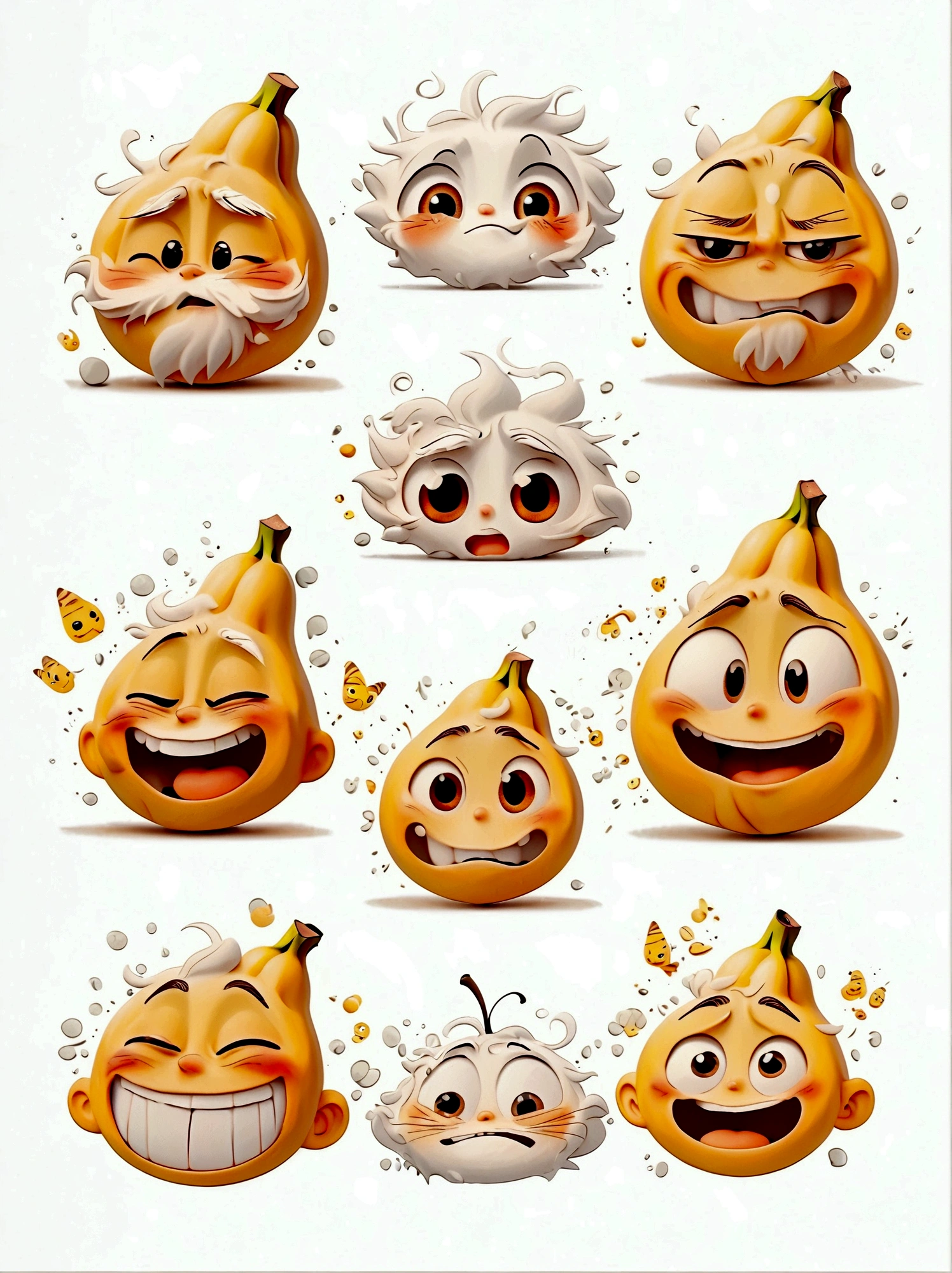 Hayao Miyazaki，Cartoon illustration，(9 emojis, emoji sheet, Align arrangement)，Stick Figure，A cute little banana，chunky，whole body，various expressions and actions，Exaggerated actions，Wronged，laughing out loud，angry，sad、surprise、Staring etc.，Various emotions， (White background:1.5)，Q version，Vector illustration，Clear outline，Perfect details，Clear boundaries，uhd，8K，((Nine Palace Grid Layout))