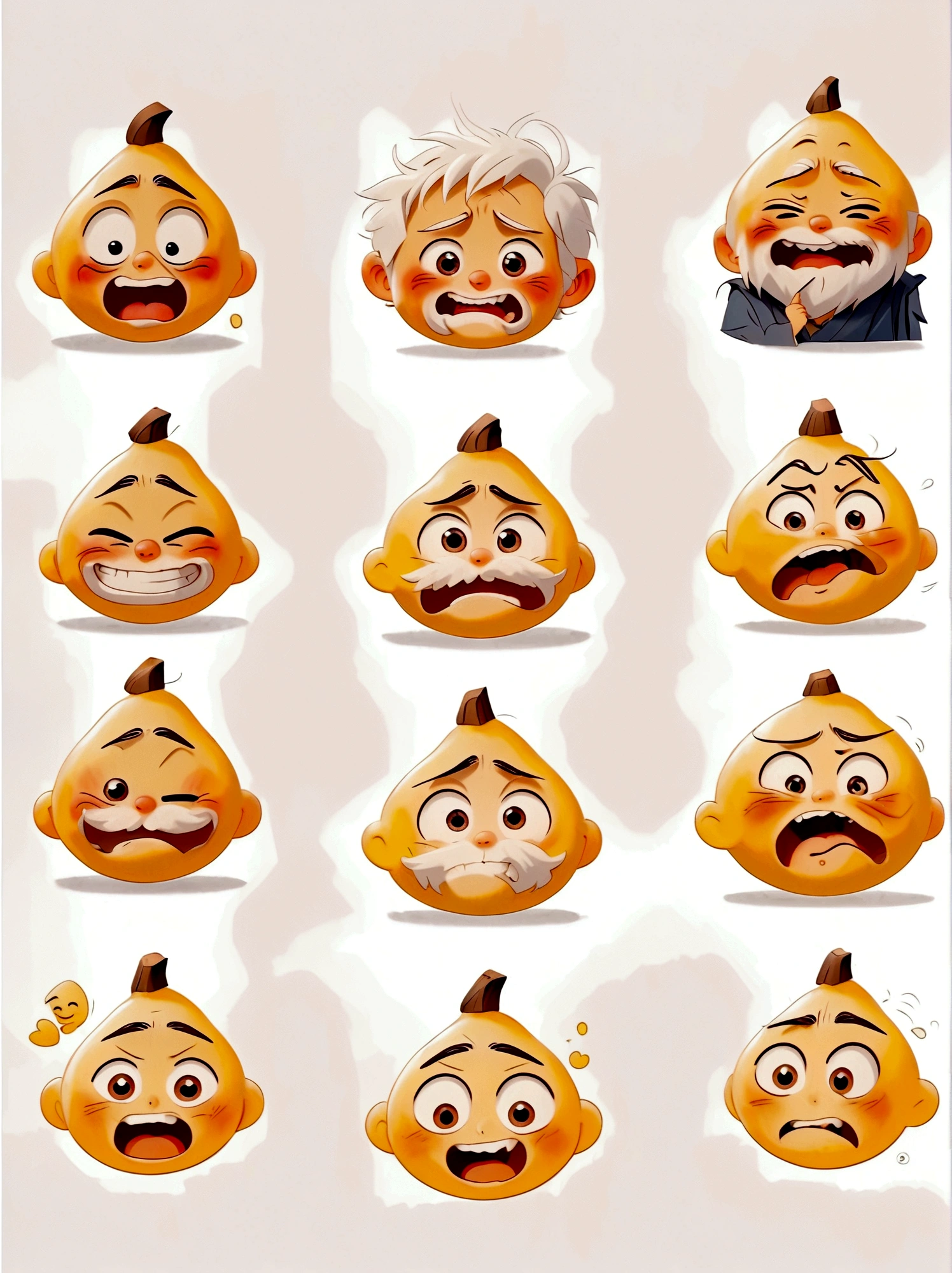 Hayao Miyazaki,Cartoon illustration,(9 emojis, emoji sheet, Align arrangement),Stick Figure,A cute little banana,chunky,whole body,various expressions and actions,Exaggerated actions,Wronged,laughing out loud,angry,sad、surprise、Staring etc.,Various emotions, (White background:1.5),Q version,Vector illustration,Clear outline,Perfect details,Clear boundaries,uhd,8K,((Nine Palace Grid Layout))