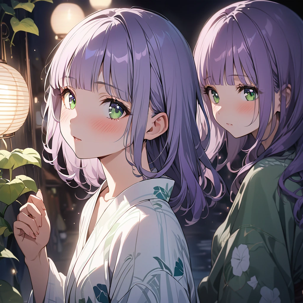 masterpiece, ultra detailed, 8K, a girl, kawaii, light atmosphere, (Cute a tsundere girl:1.5), anime visual, (tilt head:1.3), extremely delicate face, realistic lighting and shading, (an extremely delicate and beautiful art:1.3), a girl,blush,Japanese-style white colored yukata,
from side, cowboy shot, pale purple hair, blunt bangs hair, green eyes, Wearing a white yukata Morning glory pattern, A girl looking up at fireworks,night lit,out door,look at viewer,