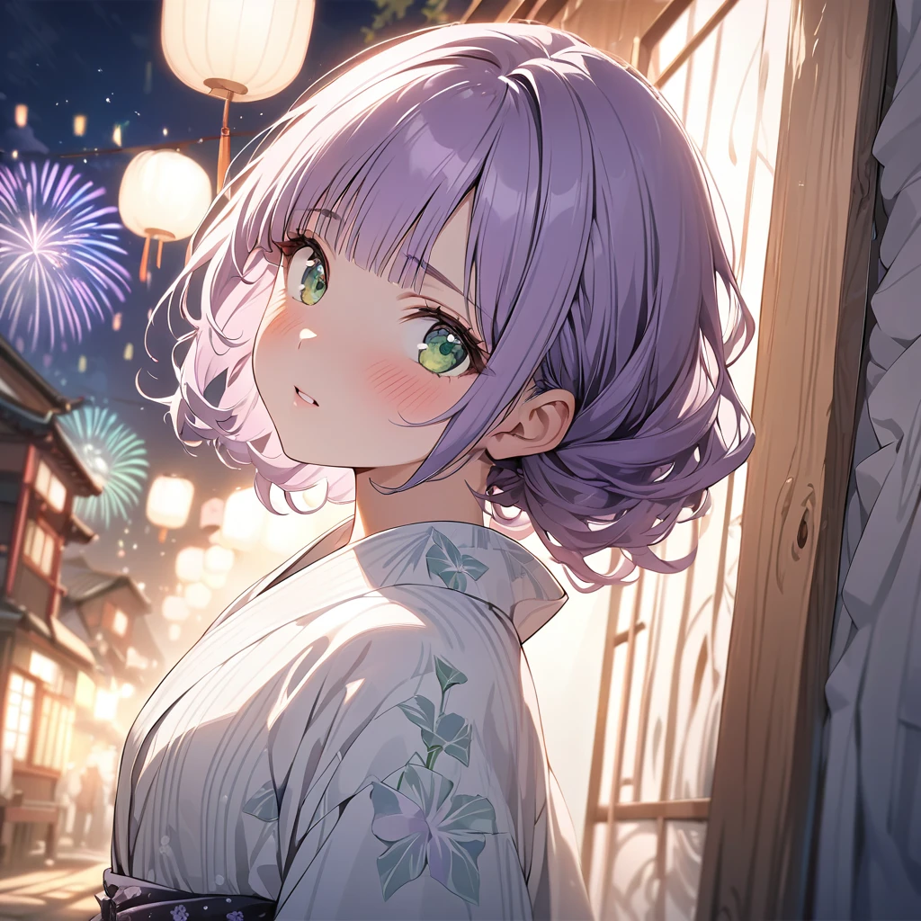masterpiece, ultra detailed, 8K, a girl, kawaii, light atmosphere, (Cute a tsundere girl:1.5), anime visual, (tilt head:1.3), extremely delicate face, realistic lighting and shading, (an extremely delicate and beautiful art:1.3), a girl,blush,Japanese-style white colored yukata,
from side, cowboy shot, pale purple hair, blunt bangs hair, green eyes, Wearing a white yukata Morning glory pattern, A girl looking up at fireworks,night lit,out door,look at viewer,