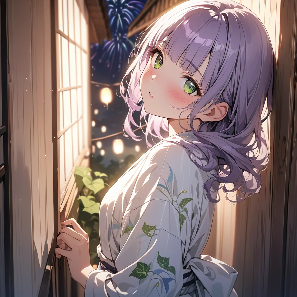 masterpiece, ultra detailed, 8K, a girl, kawaii, light atmosphere, (Cute a tsundere girl:1.5), anime visual, (tilt head:1.3), extremely delicate face, realistic lighting and shading, (an extremely delicate and beautiful art:1.3), a girl,blush,Japanese-style white colored yukata,
from side, cowboy shot, pale purple hair, blunt bangs hair, green eyes, Wearing a white yukata Morning glory pattern, A girl looking up at fireworks,night lit,out door,look at viewer,