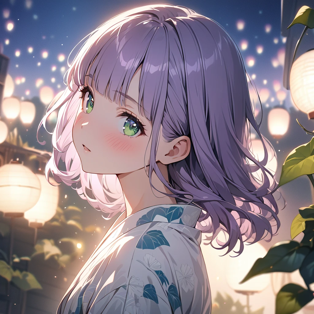 masterpiece, ultra detailed, 8K, a girl, kawaii, light atmosphere, (Cute a tsundere girl:1.5), anime visual, (tilt head:1.3), extremely delicate face, realistic lighting and shading, (an extremely delicate and beautiful art:1.3), a girl,blush,Japanese-style white colored yukata,
from side, cowboy shot, pale purple hair, blunt bangs hair, green eyes, Wearing a white yukata Morning glory pattern, A girl looking up at fireworks,night lit,out door,look at viewer,
