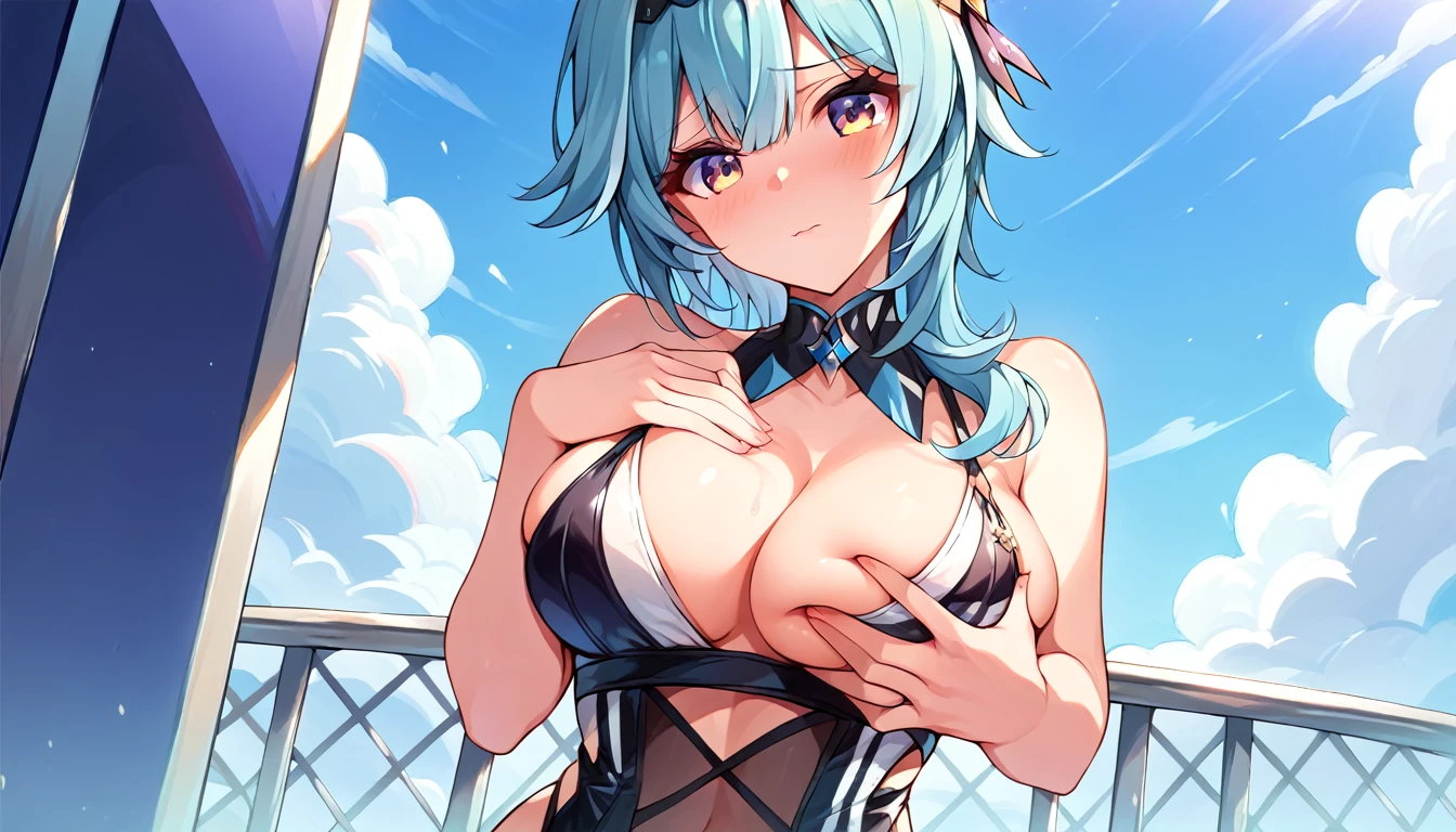 ((1girls:1.3)), ((moe style:1.3)), eula (genshin impact), ((race queen:1.3)), ((hand on breasts:1.3)), ((posing:1.3)), ((shy:1.3)), blush, large breasts, ((perfect face)), ((extremely cute:1.3)), ((masterpiece:1.3)), ((8k)), ((best quality:1.3)), ((beautiful)), ((extremely detailed:1.3)) , ((absurdres)), AddXL, ((score_9:1.3)), ((score_8_up:1.3)), ((score_7_up:1.3))