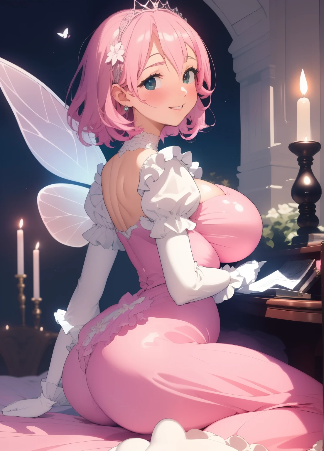 (masterpiece、Highest quality、Highest quality、Official Art、Beautiful and beautiful:1.2)、(One girl:1.3)Hatsune Miku、Twin tails,Beautiful breasts,(Fantasy World Room), (A fairy princess is reading a book at a desk by candlelight.,All except the fairies are huge,Super huge book:1.2),(Has fairy wings like a butterfly.), (Candlelight),((superwide shot, Ultra-wide field of view, whole body)), ((looks happy,smile,)), (Medium Hair:1.5), (tiara, Earrings, Beautiful choker), ((White gloves,pastel colourの肩がふわふわのボー ルガウンドレス:1.1, Balloon sleeves,Jewels, white lace and frills, Fairy wings from the back)), (Light pink blush, Plump pink lips,Large Breasts,Fair skin, Good style), (pastel colour,Candlelight, Bright colors)