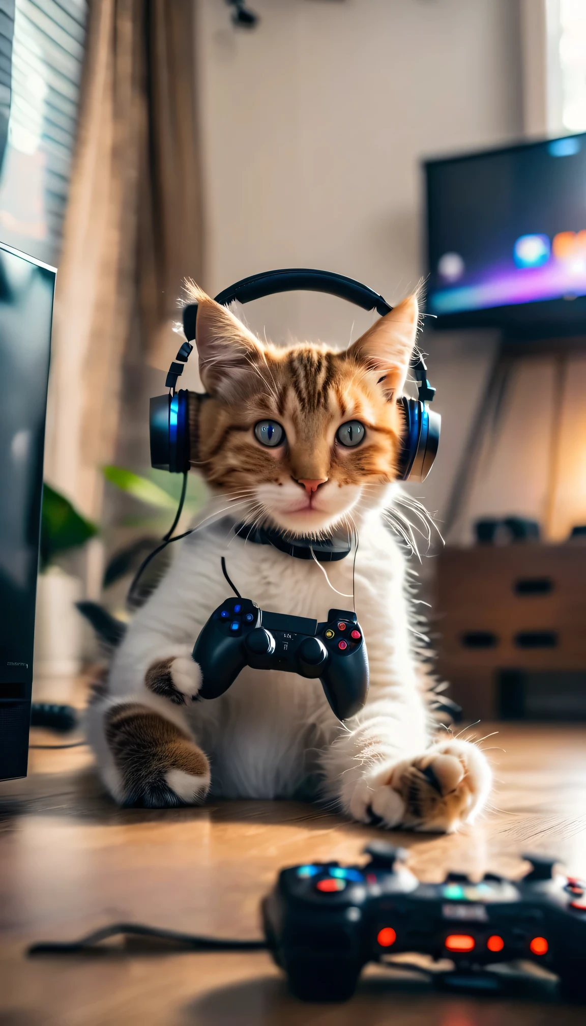 ((8K)), highest quality, 超High resolution, A cat is wearing headphones and holding a PlayStation controller in his room。There is a game on the TV。 ((Chuckle-Smile))