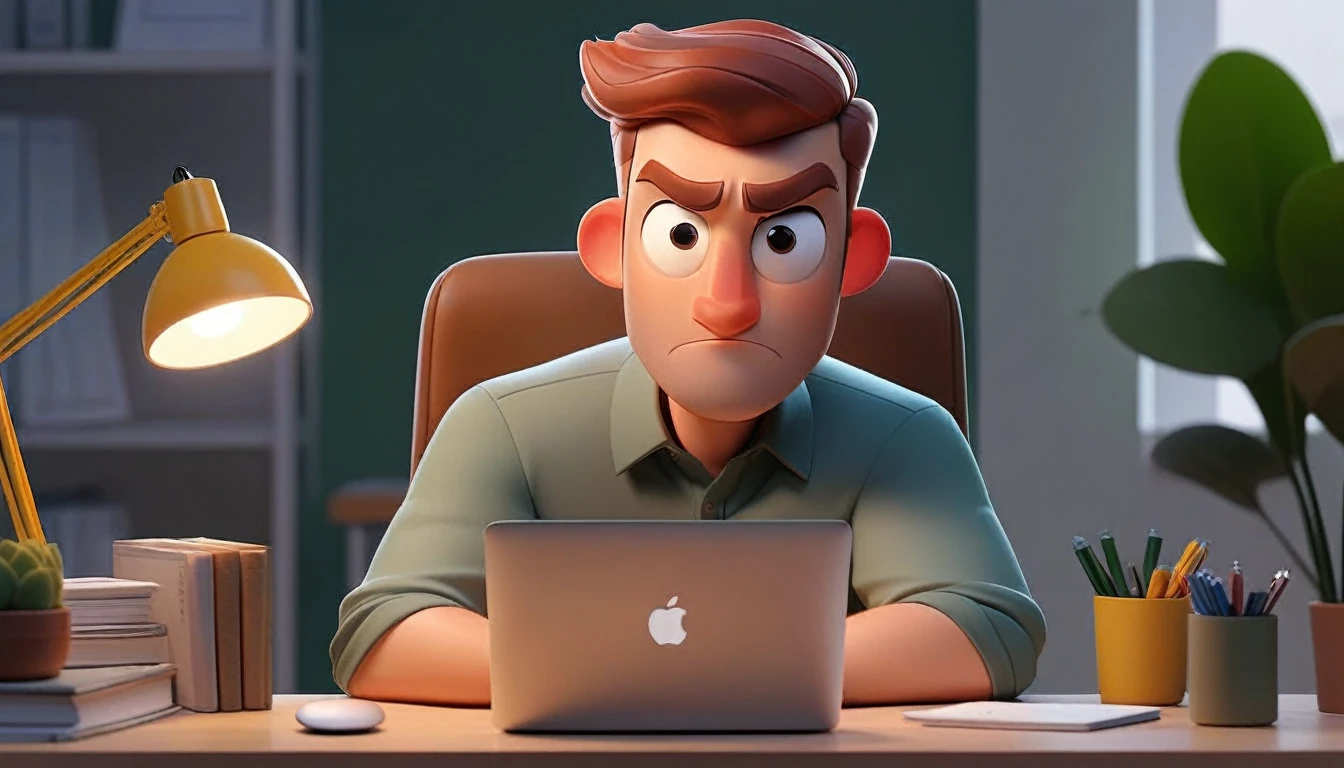 a 30 year old male business character with a friendly and illustrative appearance, . He is sitting behind his MacBook in his minimalist office., with his arms on his desk. is looking ahead, retrto central, ambiente general de la imagen debe trasmitir una conexion con el minimalism, illustration plana, bold line, minimalism, simplified, illustration