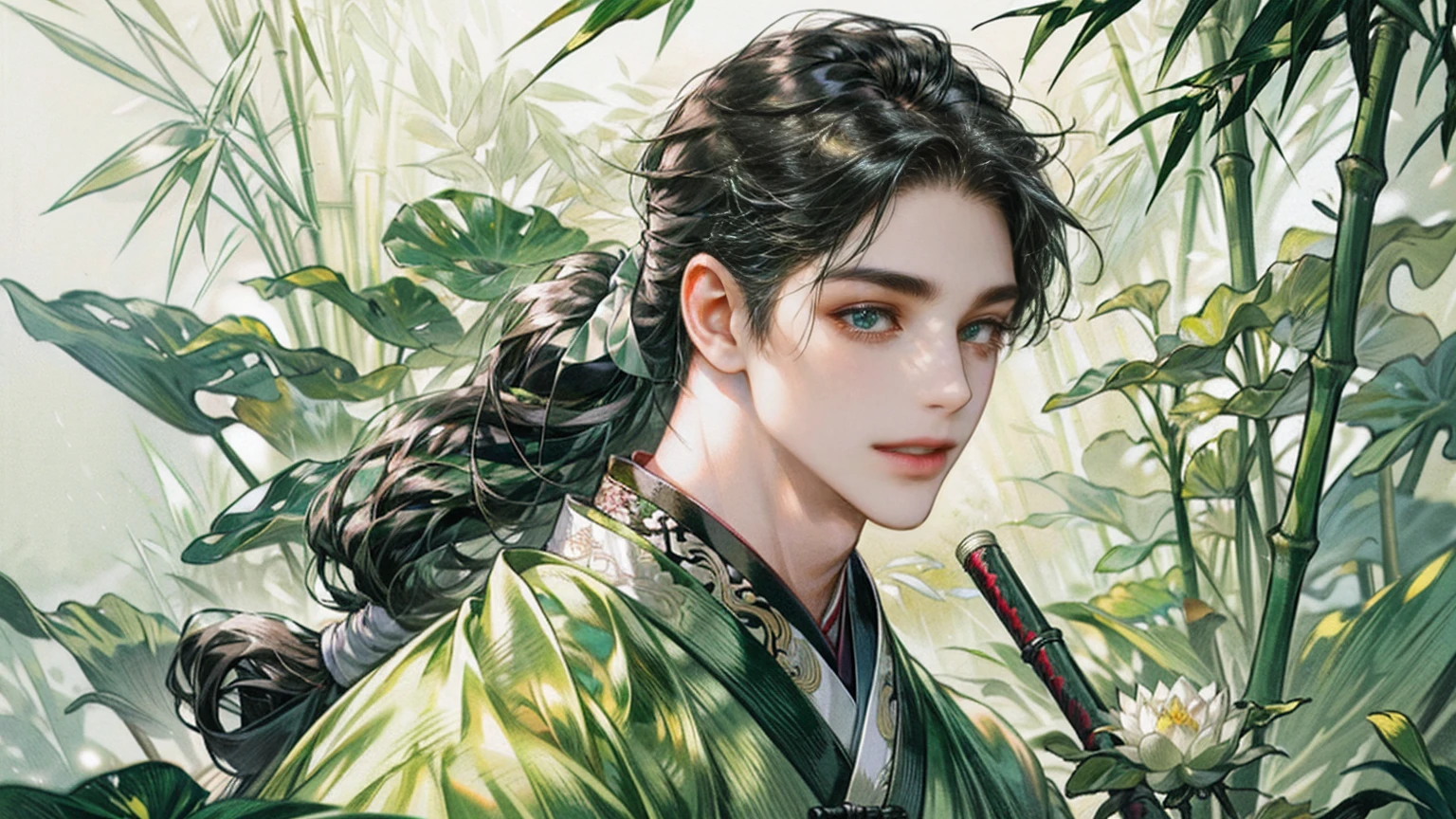 (((best quality))),masterpiece,ultra high resolution,extraordinarily beautiful youth, a bright, innocent smile,All green clothing,((boy 24 year old, green hanfu,green clothing, Chinese shirt style)) ,boy character ,((Thick black long hair)),beautiful face,detailed interior, detailed boy,((man)),(in bamboo forest), house China style, pure white lotus,beautiful and cute boy ,black eyes,((solo man)),(he has a Big eyes, charming lips, slim nose and small face),(slim figures ),ponytail and 冠, Hiogi fan,Japanese fan