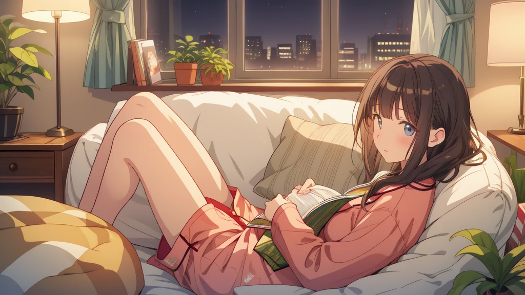Cozy apartment with plants, Woman reading a book, Cozy bean bag chair, pajamas, Detailed face、night