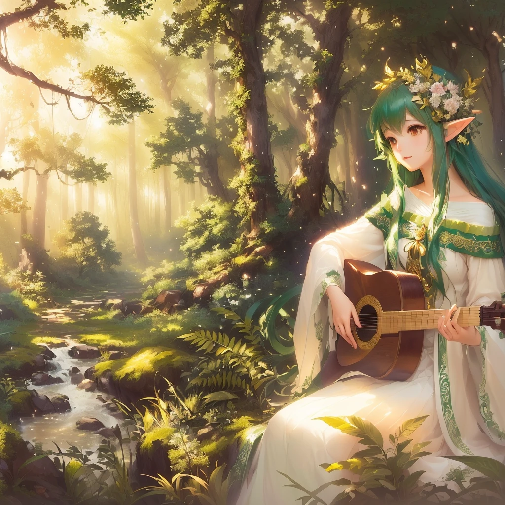 high quality、Anime girl playing the harp in the forest, Elven bard of the forest playing the lute, elf forest background, Peaceful Elven Forest, Anime Rush John 8k Woods, Fantasy art style, Forest Goddess, Elf Princess, Play the harp in the Enchanted Forest, 夏のForest Fairyの女王, Anime fantasy illustration, Elf Princess, Forest Fairy, Anime fantasy artwork, forest soul、16：9