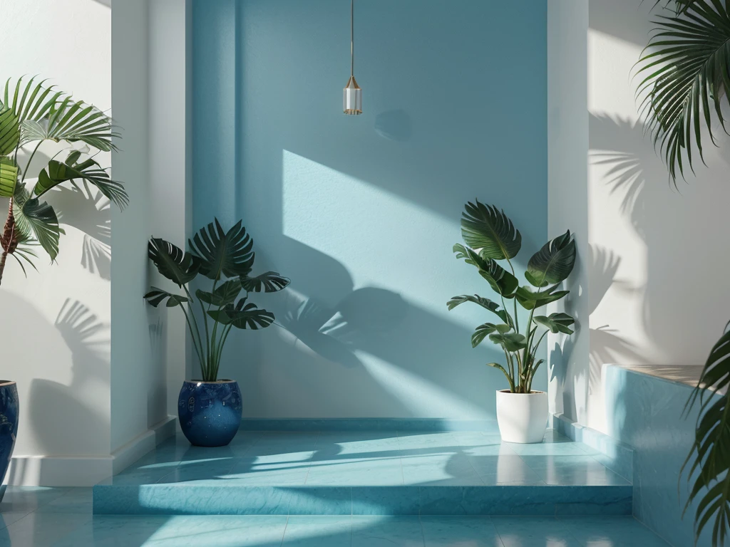there is a plant in a vase on a set of steps, blue realistic 3 d render, interior background, in style of 3d render, blue backgroung, with palm trees and columns, brightly lit blue room, interior background art, minimalistic background, an abstract tropical landscape, bright render, tropical background, minimalistic composition, next to a tropical pool