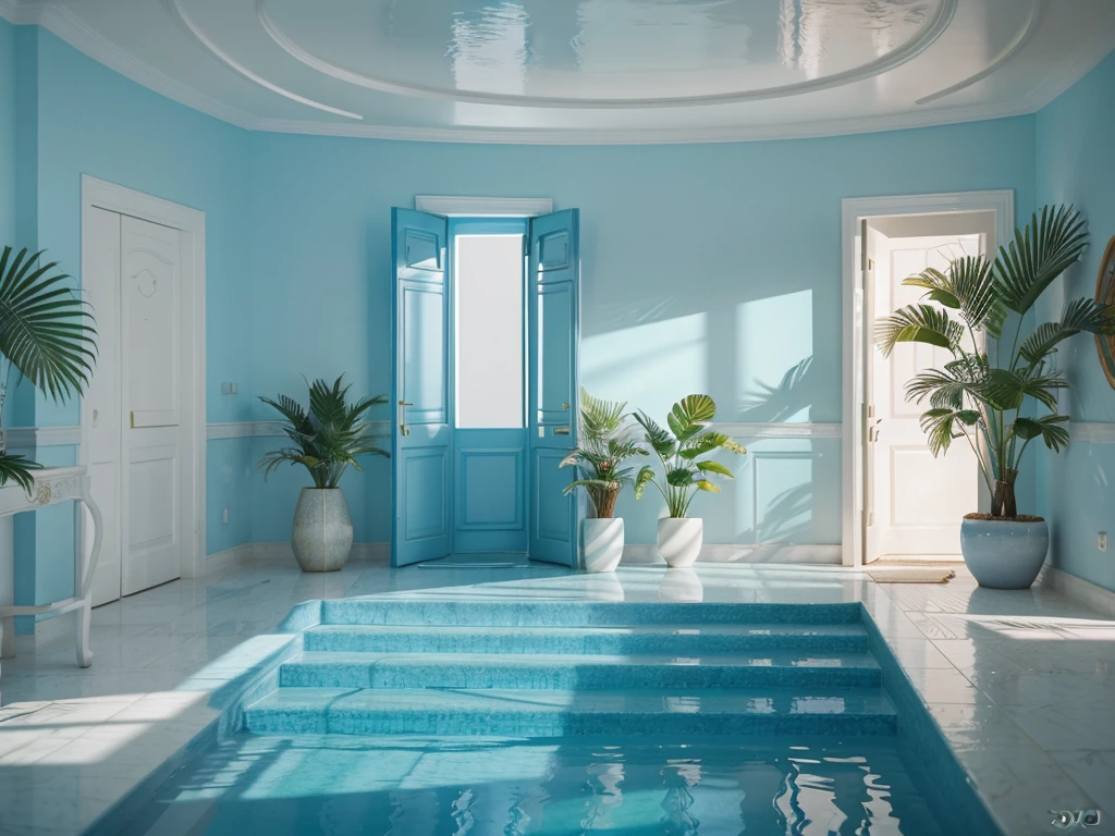 there is a plant in a vase on a set of steps, blue realistic 3 d render, interior background, in style of 3d render, blue backgroung, with palm trees and columns, brightly lit blue room, interior background art, minimalistic background, an abstract tropical landscape, bright render, tropical background, minimalistic composition, next to a tropical pool