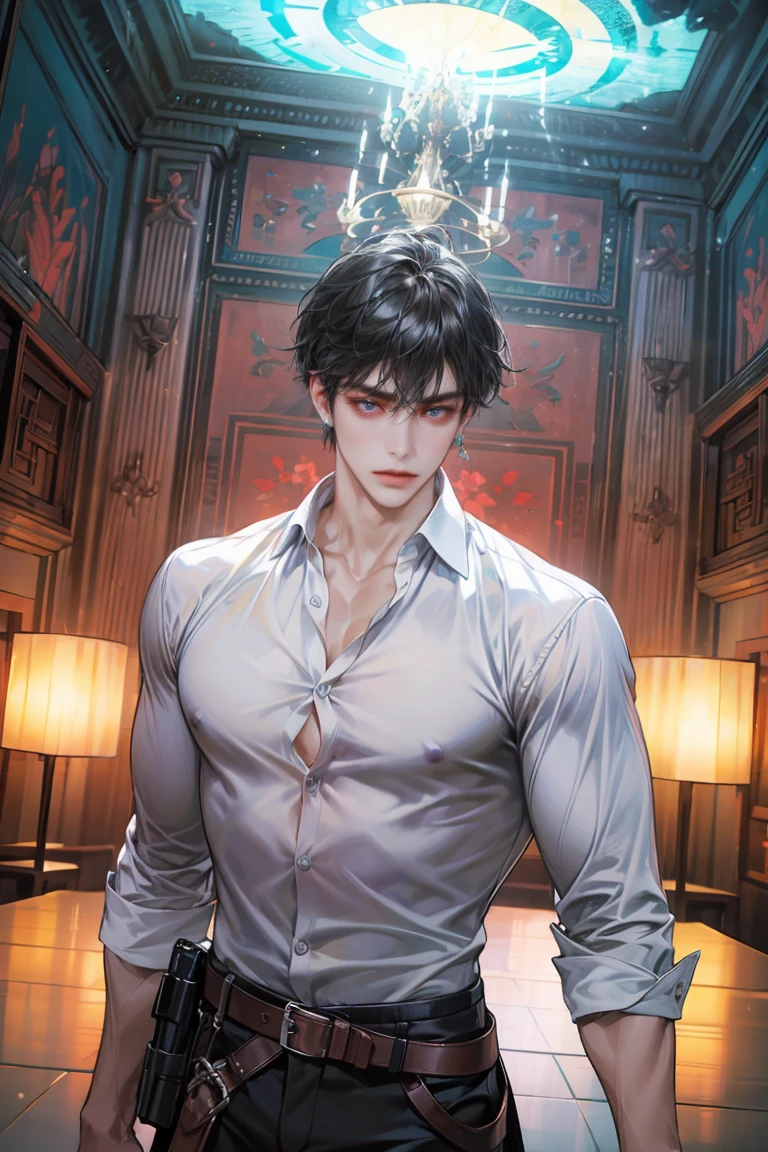 (absurdres, highres, ultra detailed, original character, HDR), 1 russian boy, solo, adult, handsome, ((tall muscular guy, broad shoulders)), finely detailed eyes, (black hair), hair between eyes, turquoise eyes, holographic, futuristic, casual and sexy outfit, gun holster, (body tight white shirt), (large man breasts), ((wearing an earring)), cowboy shot, dutch angle, face focused, british colonial room scenery, dystopian hong kong city, indoor, Cyan, Magenta, long face, closed mouth, looking at viewer, depth of field, bokeh