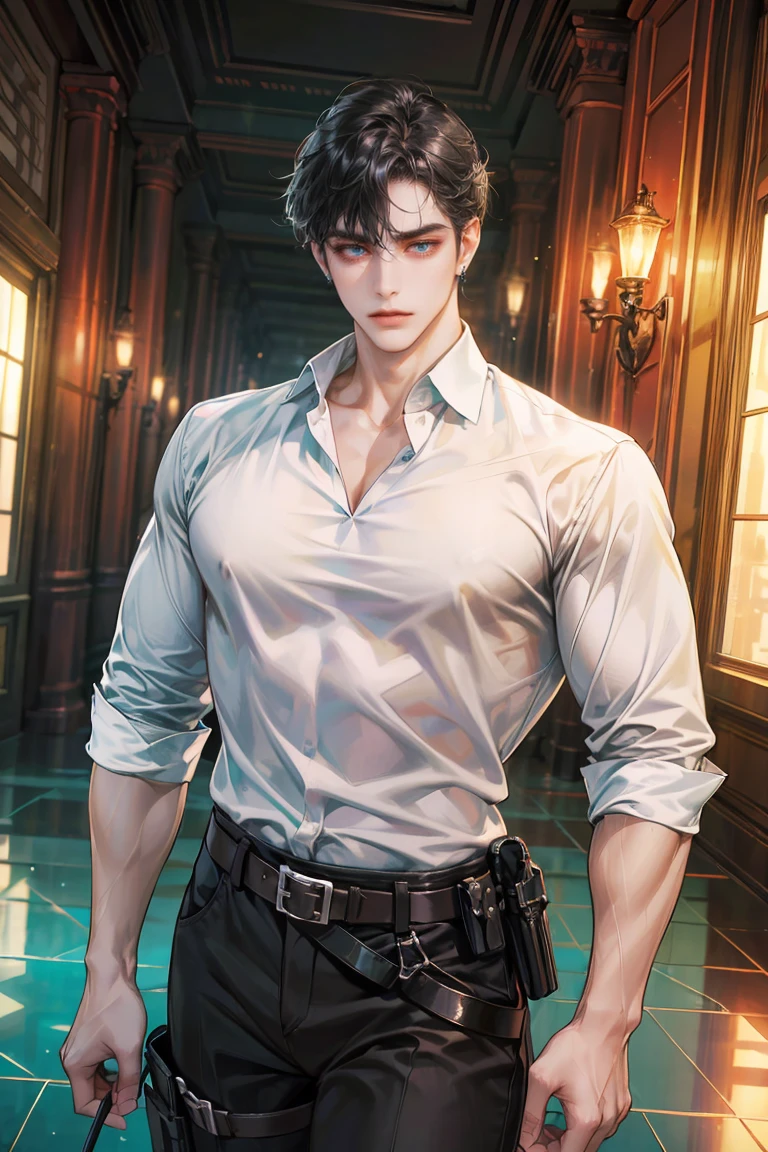 (absurdres, highres, ultra detailed, original character, HDR), 1 russian boy, solo, adult, handsome, ((tall muscular guy, broad shoulders)), finely detailed eyes, (black hair), hair between eyes, turquoise eyes, holographic, futuristic, casual and sexy outfit, gun holster, (body tight white shirt), (large man breasts), ((wearing an earring)), cowboy shot, dutch angle, face focused, british colonial room scenery, dystopian hong kong city, indoor, Cyan, Magenta, long face, closed mouth, looking at viewer, depth of field, bokeh