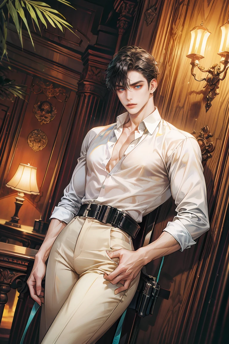 (absurdres, highres, ultra detailed, original character, HDR), 1 russian boy, solo, adult, handsome, ((tall muscular guy, broad shoulders)), finely detailed eyes, (black hair), hair between eyes, turquoise eyes, holographic, futuristic, casual and sexy outfit, gun holster, (body tight white shirt), (large man breasts), ((wearing an earring)), cowboy shot, dutch angle, face focused, british colonial room scenery, dystopian hong kong city, indoor, Cyan, Magenta, long face, closed mouth, looking at viewer, depth of field, bokeh