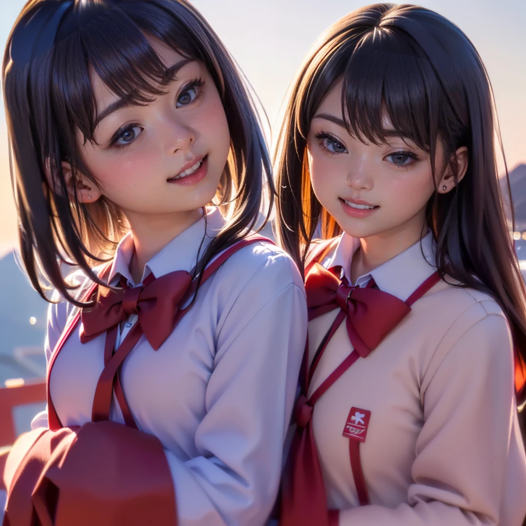 ((8K, RAW Photos, Highest quality, masterpiece), High-resolution RAW color photos、
Professional close-up photography, (Realistic, Photorealism: 1.37),
(Highest quality), (Best Shadow), (Best illustrations),(Facing forward:1.3)
best quality, masterpiece,
New Year,
Three Japanese high-school cute girls, looking straight,
(gently smiling:1.5),((seven-:1.5))
(Japanese-high-school-blazer-uniform:1.5),
Reddish bow tie, with a school bag,
((too much smile)), very cute, face, head and waist fully visible, (soft eyes:1.2)
upper arms hidden by clothes and hair,(innocent and pure high-school-girls:1.5)
,(The image shows only the upper body:1.7),
(separately side by side:1.4),
(The image shows only the upper body:1.7),
shrine background,(mount Fuji:1.3),
winter(season),(outdoors:1.5)