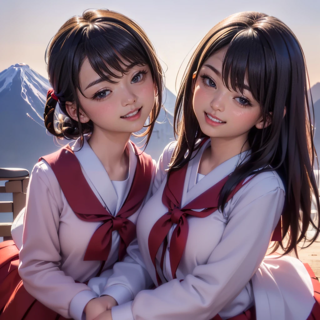 ((8K, RAW Photos, Highest quality, masterpiece), High-resolution RAW color photos、
Professional close-up photography, (Realistic, Photorealism: 1.37),
(Highest quality), (Best Shadow), (Best illustrations),(Facing forward:1.3)
best quality, masterpiece,
New Year,
Three Japanese high-school cute girls, looking straight,
(gently smiling:1.5),((seven-:1.5))
(Japanese-high-school-blazer-uniform:1.5),
Reddish bow tie, with a school bag,
((too much smile)), very cute, face, head and waist fully visible, (soft eyes:1.2)
upper arms hidden by clothes and hair,(innocent and pure high-school-girls:1.5)
,(The image shows only the upper body:1.7),
(separately side by side:1.4),
(The image shows only the upper body:1.7),
shrine background,(mount Fuji:1.3),
winter(season),(outdoors:1.5)