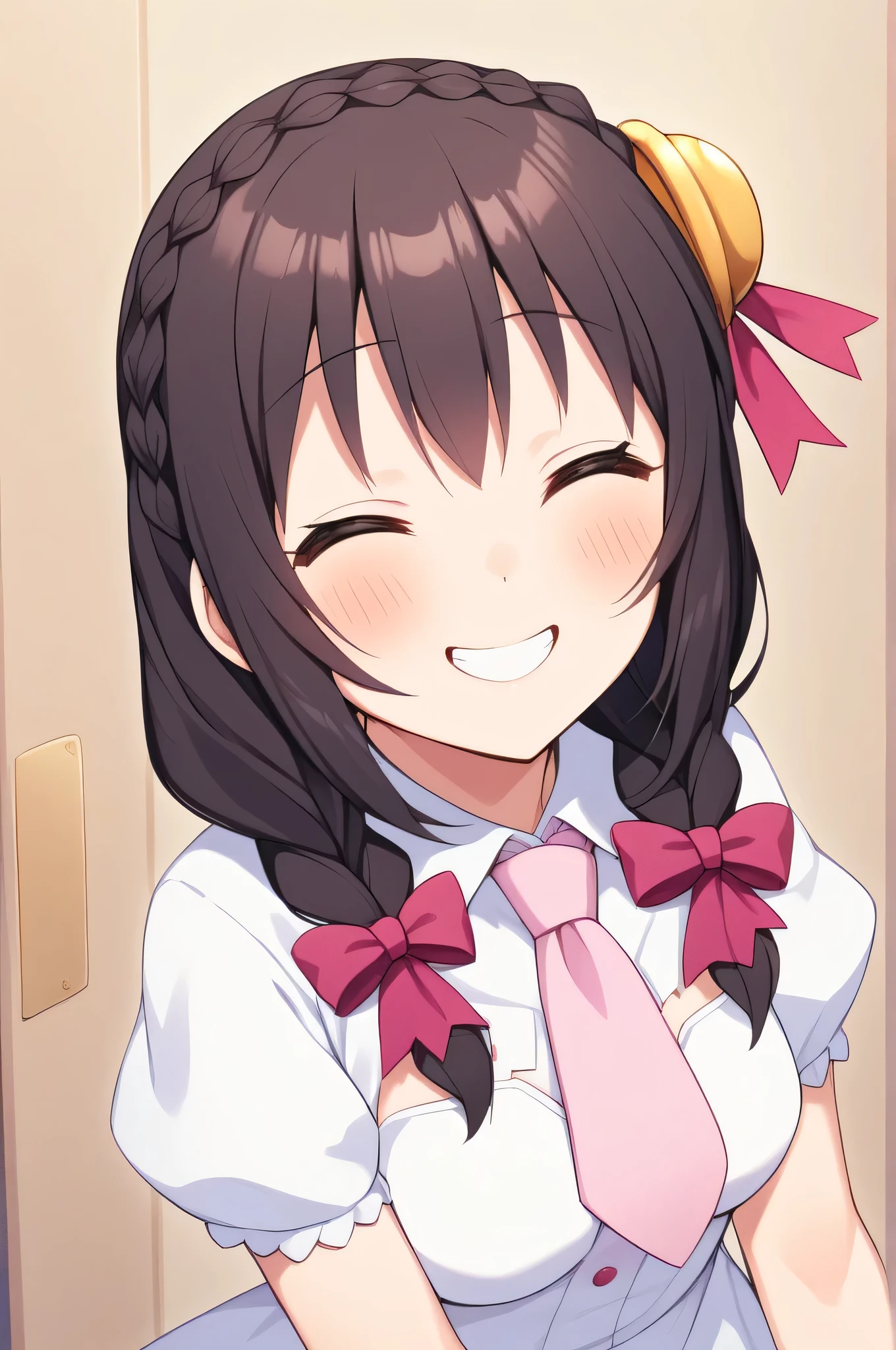 alone, One girl、Crown braids in the same color as your hair, hair ornaments, Hair Ribbon, Pink tie, (White dress), Date♥、Black Hair、(Happy Face:1.5)、(blush:1.2)、