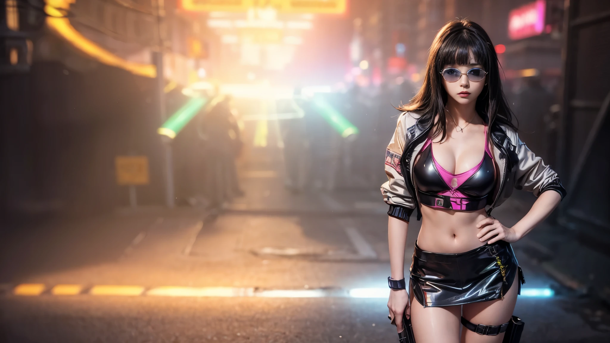 8k, Realistic Skin Texture, Realistic Photo, Neo Tokyo, slim women, large-breast:1.4 cleavage:1.3, AD2050 at night, Dirty hunting jacket, Wearing tube top, miniskirt, (((black sunglasses, automatic rifle, sneakers, cold, shooting pose, very low angle view))), Innovative composition, revenge, cyberpunk, blade runner worldview, Large neon sign, Geisha hologram sign, Strong Wakamoto Sign.