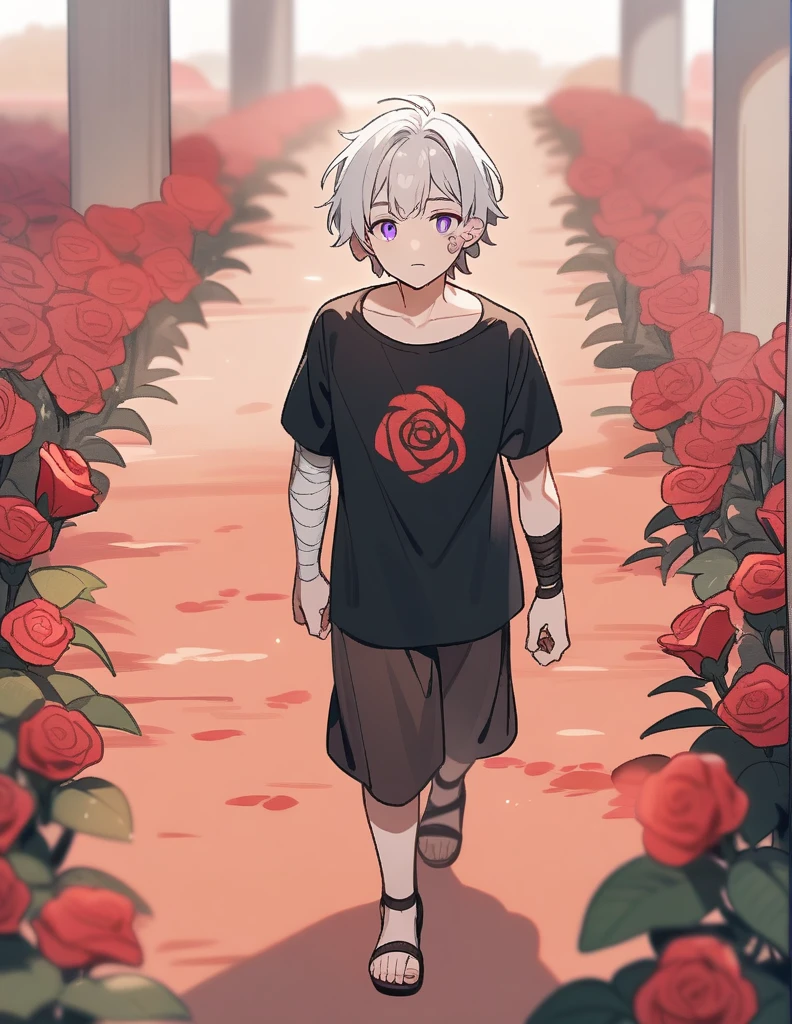 small Greek boy with white hair, violet eyes, wearing a black Greek shirt and ancient sandals, with bandages on his cheek and arm, walking in a red grass garden with rose and marble decorations
