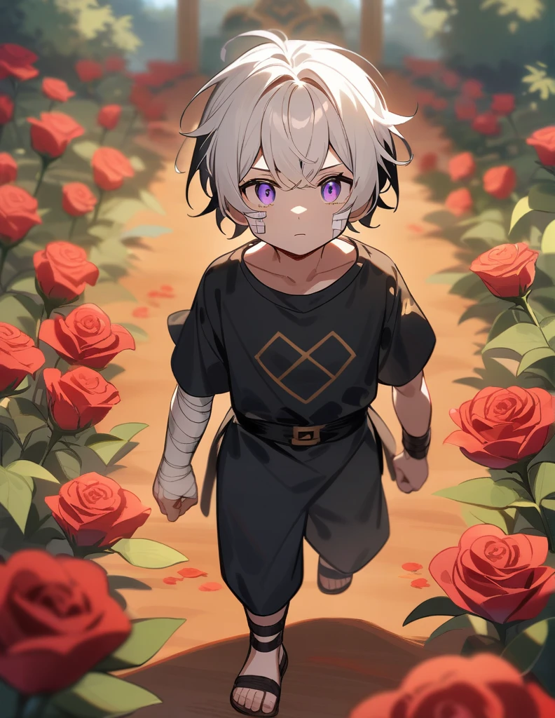 small Greek boy with white hair, violet eyes, wearing a black Greek shirt and ancient sandals, with bandages on his cheek and arm, walking in a red grass garden with rose and marble decorations