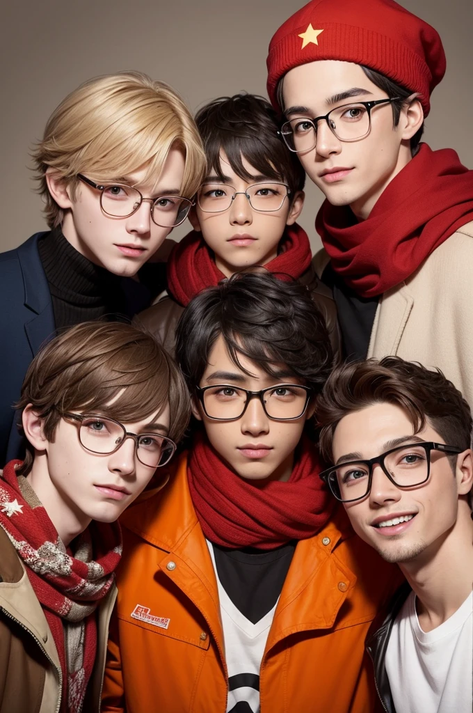 I want an image with three boys , in the left corner a young man with wavy brown hair , with a wide smile on his face and wide eyes , wearing a red jacket with a white shirt with a star print underneath , in the middle a blond man with a thin beard , wearing a red cap and an orange scarf and wearing a brown jacket , and on the other side a boy with bright hair , wearing glasses and a dress shirt