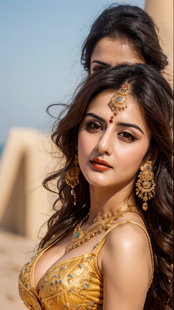 ((RAW, analog style)), face, extremely detailed full body color photo of a 29 y.o girl, beautiful face, beautiful eyes, ((small nose)), big natural lips, big huge breasts with bra, healthy body, beach, ((film grain, skin details, high detailed skin texture, 8k hdr, dslr)), indian female model rubina tandon, close-up picture of rubina tandon, Sexy figure, hot looks, long hair, sparkling day dreams eyes, photography taken by t. K padmini, 1990s