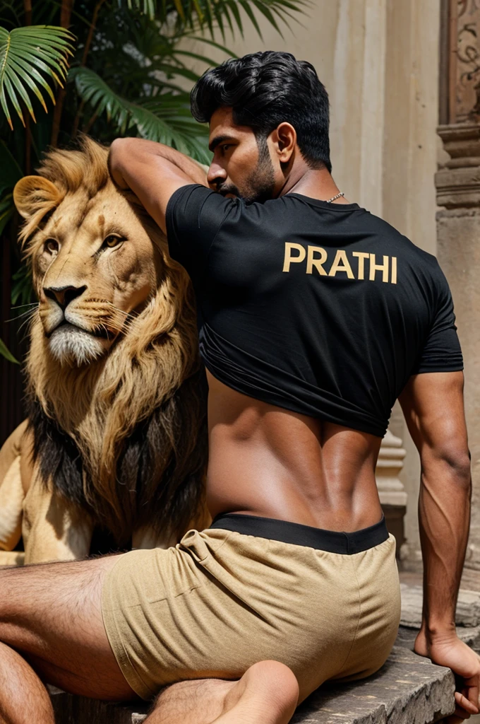 A man sitting on the lion wearing black shirt 
"Prathap" With showing back body

