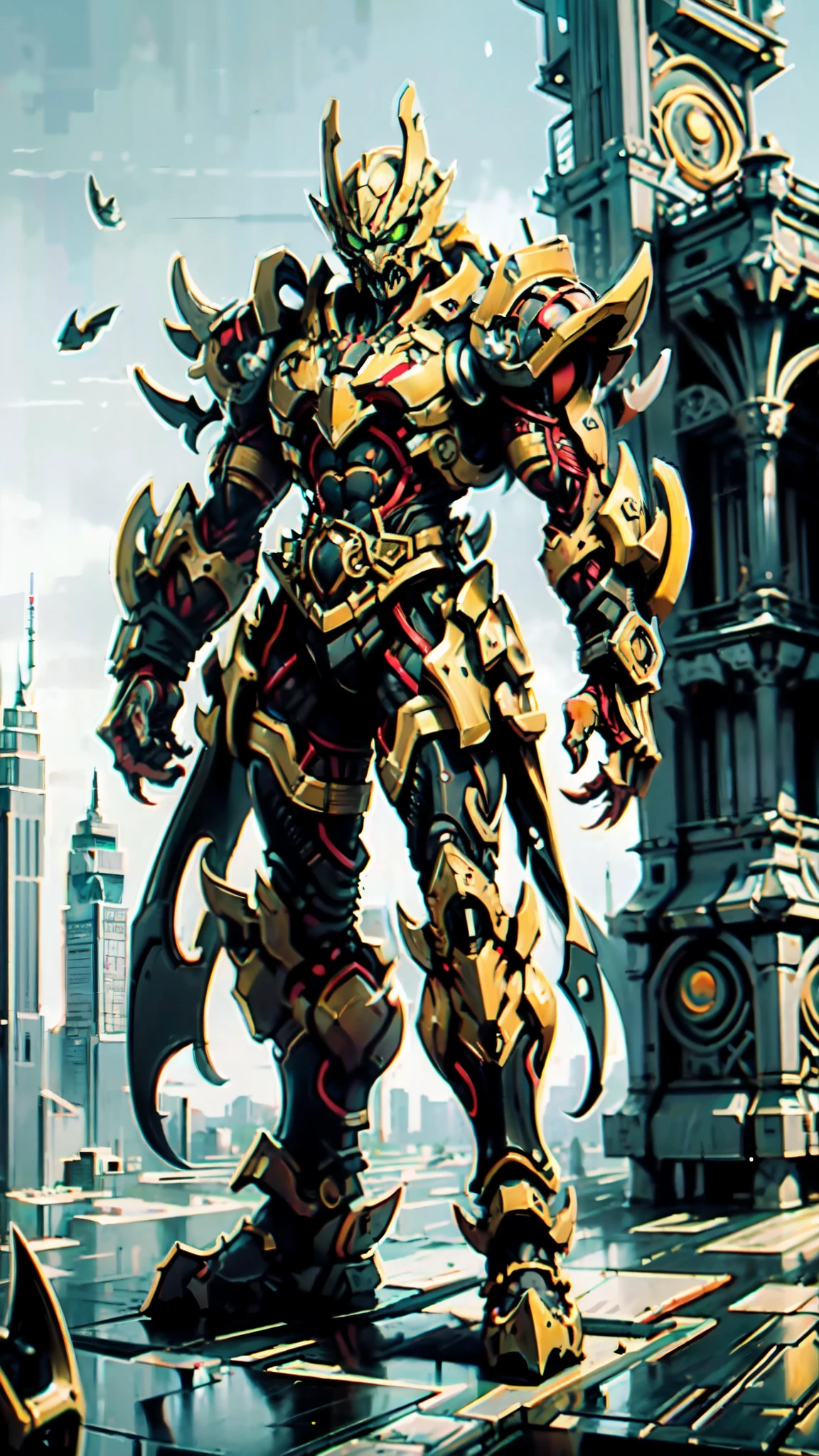 (masterpiece:1.5, best quality:1.5, extremely delicate:1.5, perspective:1.5, foreshortening:1.5, dynamic angle:1.5), a man wearing a full-face helmet, a fantasy-style biotech armored combat suit, green eyes, (a composite layered chest armor), fully enclosed shoulder guards, matching arm and leg guards, the belt is adorned with fangs biting into orbs, (the color scheme is primarily black with red accents), the design balances heavy with agility, a high-tech bio-mecha armor, (Armor Concept Inspired by Bat, stand on the top of a skyscraper in a futuristic sci-fi city), this character embodies a finely crafted fantasy-surreal style armored hero in anime style, exquisite and mature manga art style, (element, plasma, energy, the armor glows), ((male:1.5)), metallic, high definition, highres, ultra-detailed, ultra-fine painting, professional, perfect body proportions, golden ratio, anatomically correct, symmetrical face, extremely detailed eyes and face, high quality eyes, creativity, RAW photo, UHD, 32k, Natural light, cinematic lighting, masterpiece-anatomy-perfect