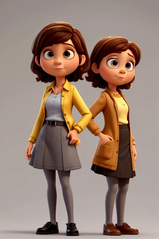 A photo of Ligia Travensolo, a female Disney Pixar 3d style character, based on the movie Inside Out, she is short, is an adult woman, is a french teacher, has light skin and shoulder-length dark brown hair, and brown eyes. She is wearing a black blazer, over a mustard yellow top, paired with a grey skirt and black tights and low heel black shoes. Looking at the camera, simple gray background.