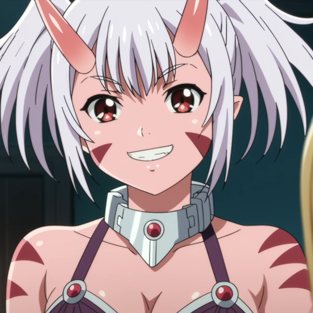  score_9, score_8_up, score_7_up, source_anime, anime coloring, anime screencap, Mimi Alpacas, 1girl, solo, breasts, looking at viewer, smile, smile, cleavage, bare shoulders, horns, collar, facial mark, close-up, oni, 