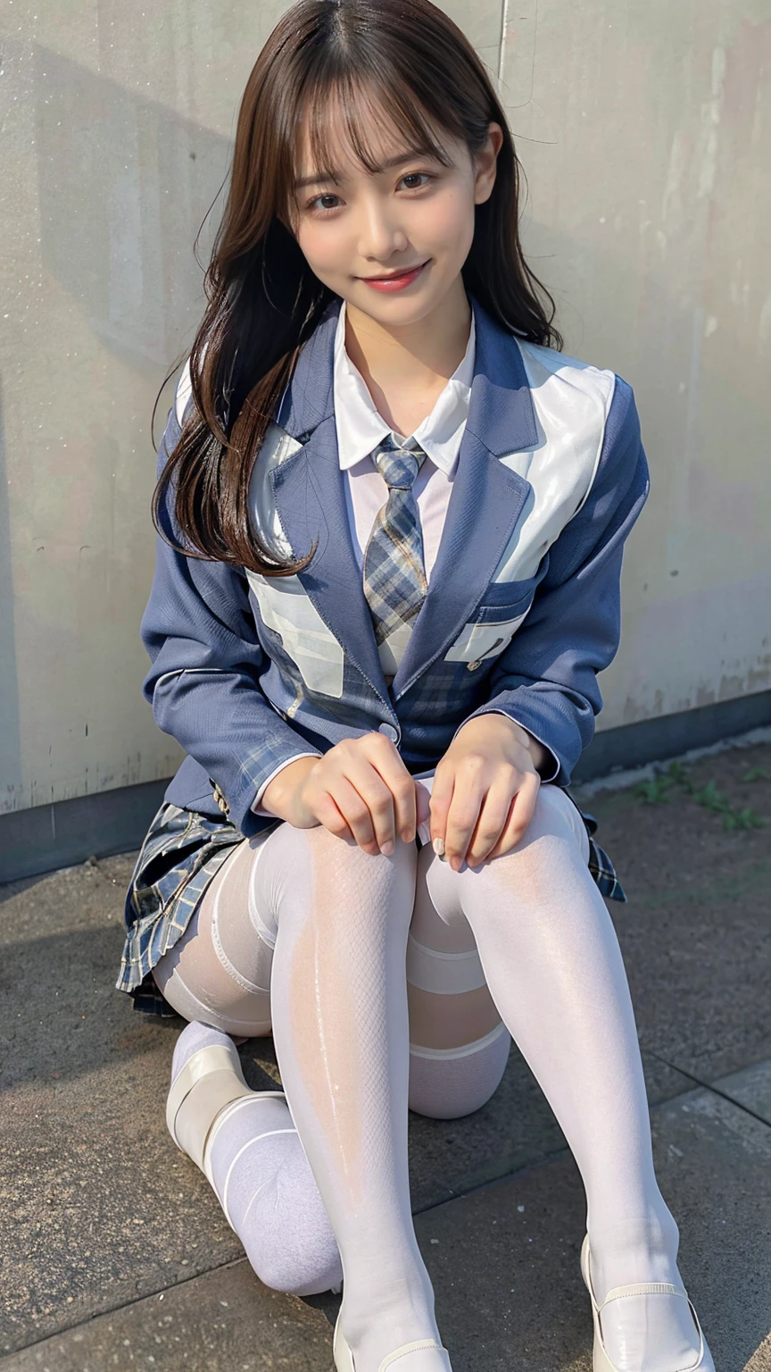 (8K), (Highest quality: 1.2), (Realistic), (Realistic: 1.37), Ultra-high resolution, (1 Girl), cute, blush,A shy smile, Beautiful details, Beautiful Nose, Wet Hair, Giant Dulcefo, pork, Thighs,Self Snap,University Uniforms,(A simple navy blue blazer:1.4),(Pleated skirt:1.2),(The skirt and tie are gray tartan check pattern..:1.3),(Sitting:1), Sit on the ground,(Grab my legs:1),(Glossy white pantyhose :1.2),from the front,knees
