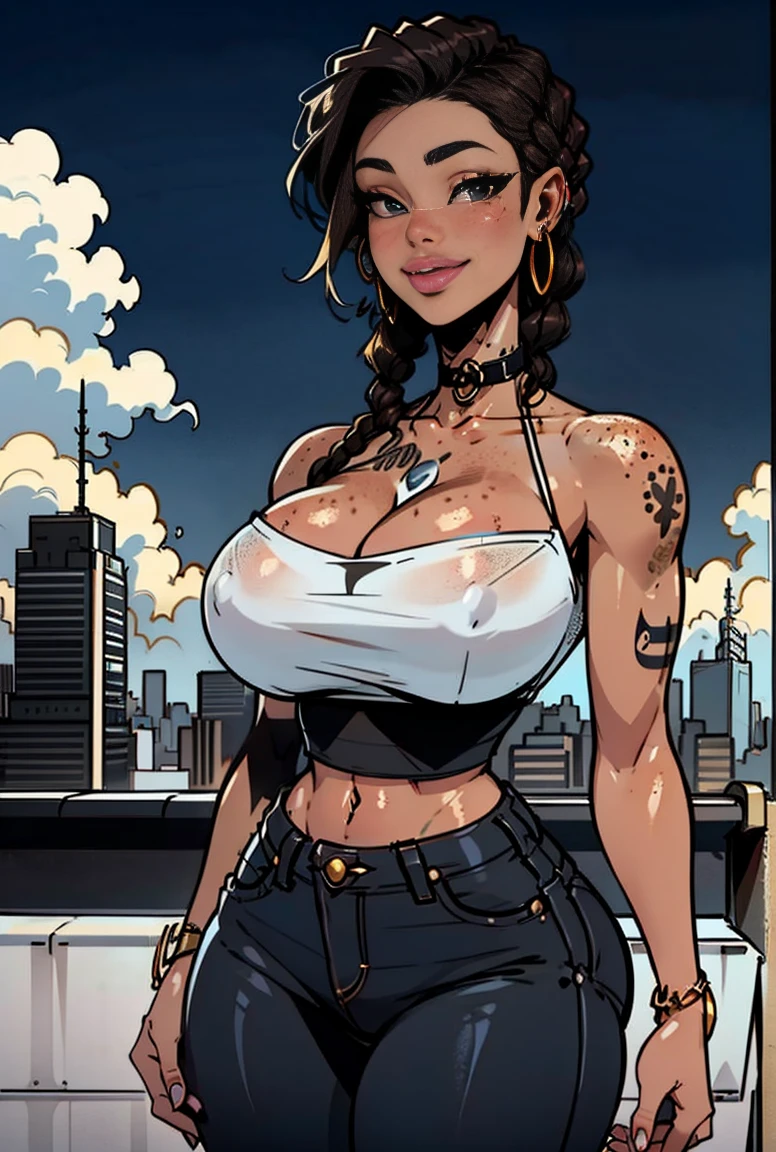 Girl with black skin, braided brown hair, Box braids, black eyes, smiling, super tight jeans big hips, hands down, black bra, white tube top , white top, bare shoulders, big circle gold earrings, freckles, big lips, on a rooftop, nyc skyline in the background, blue skies big clouds